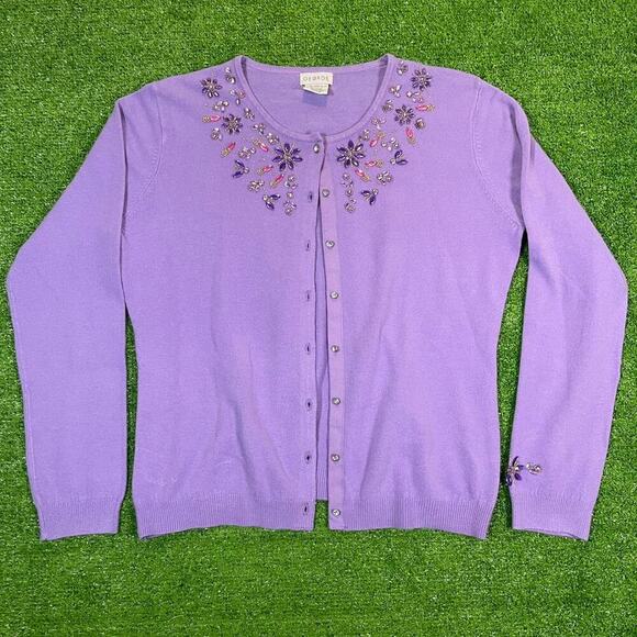 Vintage Y2K George Womens XL Purple Gems Floral Embroidery Open‎ Front Cardigan - Picture 1 of 6